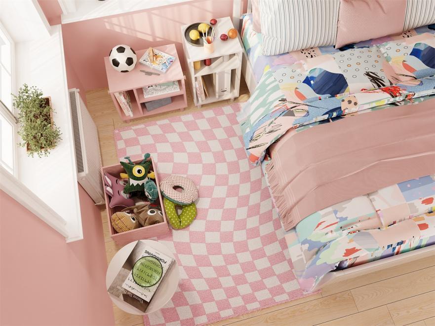 Rugitall Distorted Dreamscape Pink & Purple Rug in pink bedroom