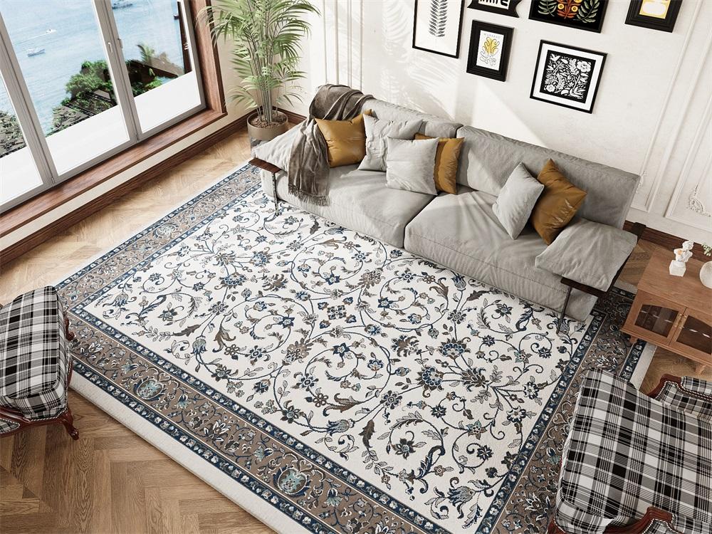 Persian Blooming Twist Gray Rug in living room with a French window