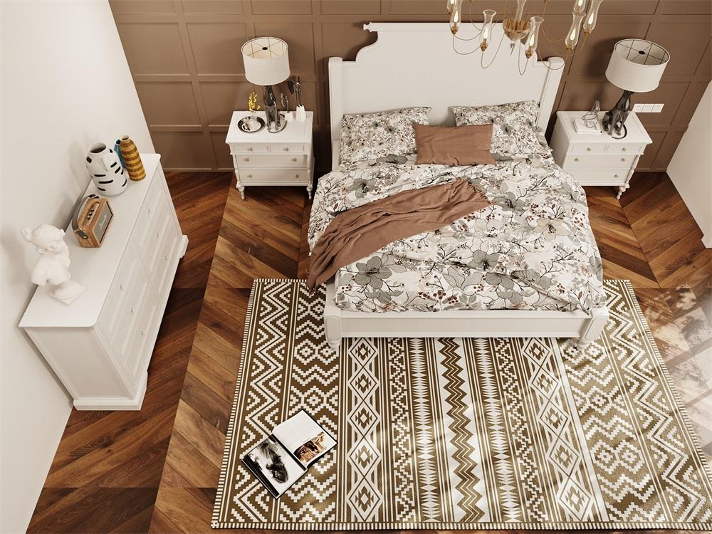 Rugitall Blackout Rhapsody White & Beige Rug on bedroom over hardwood floor