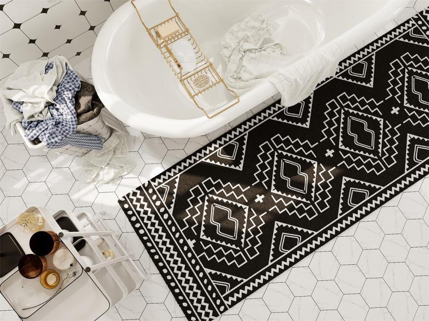 Rugitall Spellbound Mind Black & White Rug in bathroom