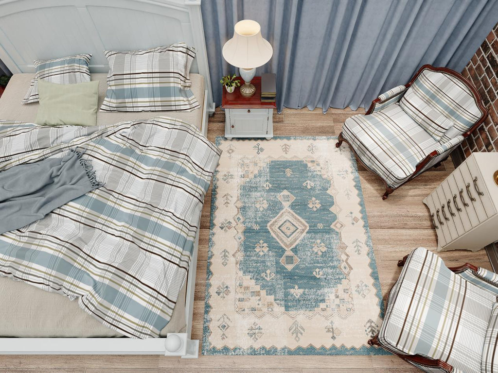 Rugitall Turquoise Oasis Blue Rug in bedroom