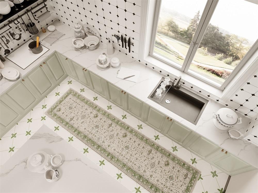 Rugitall Bartlett Mist Green Rug in white kitchen