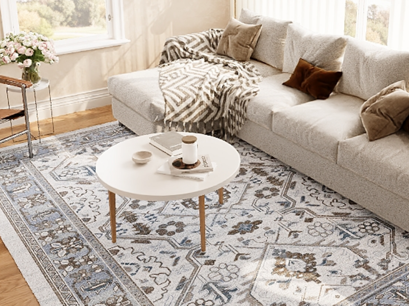 Rugitall Petal Panorama Brown & Taupe Rug under chat table in living room