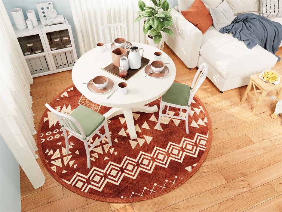 RoundRugitall Passion Fad Red & Burgundy Rug under coffee table