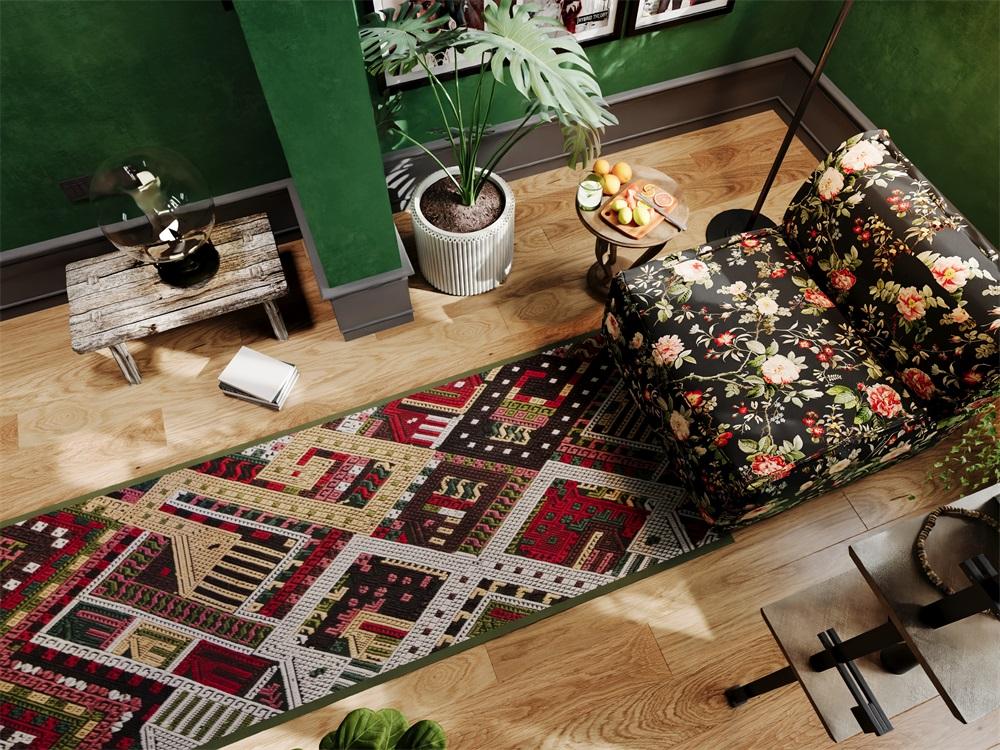 Rugitall Bird's View of Cities Multicolour Rug beside a small floral sofa