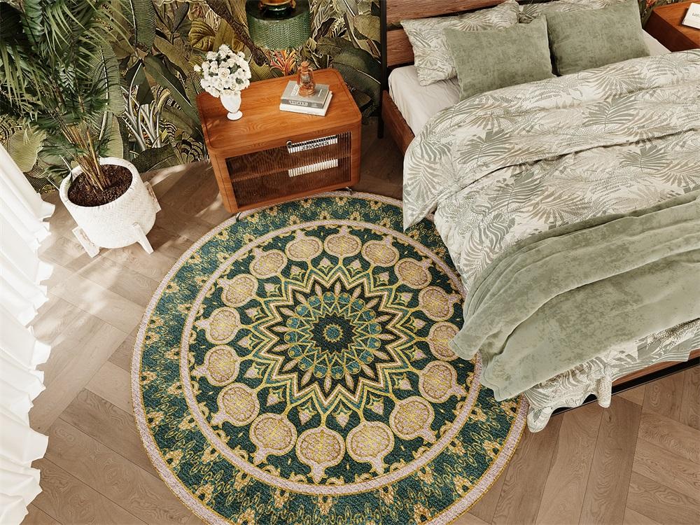 Rugitall Mandala Garden Illusion Green Rug beside jungle-themed bedding
