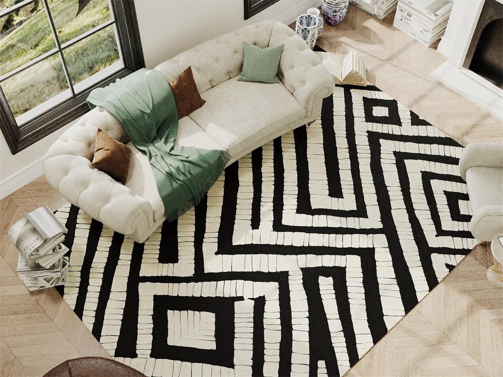 Rugitall Labyrinthine Meditation Black&White Rug covering the whole living room floor