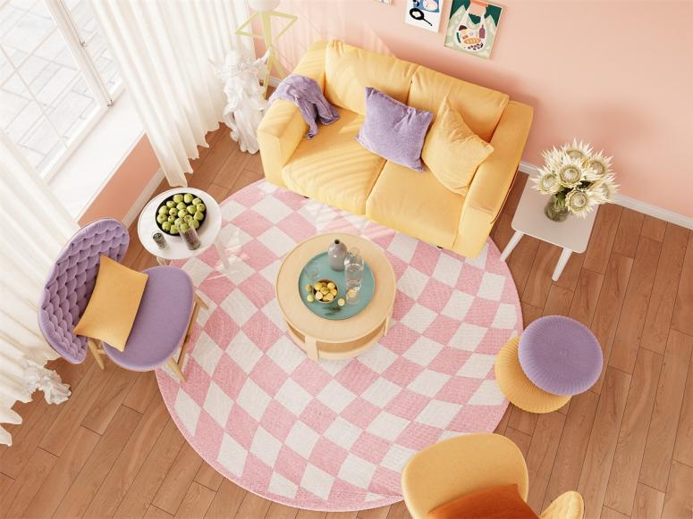 Round Rugitall Distorted Dreamscape Pink & Purple Rug in living room