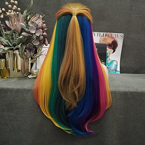 Multi-colored Rainbow Lace Front Wig Glow in Dark Luminous Heat Resistant Silky Long Straight