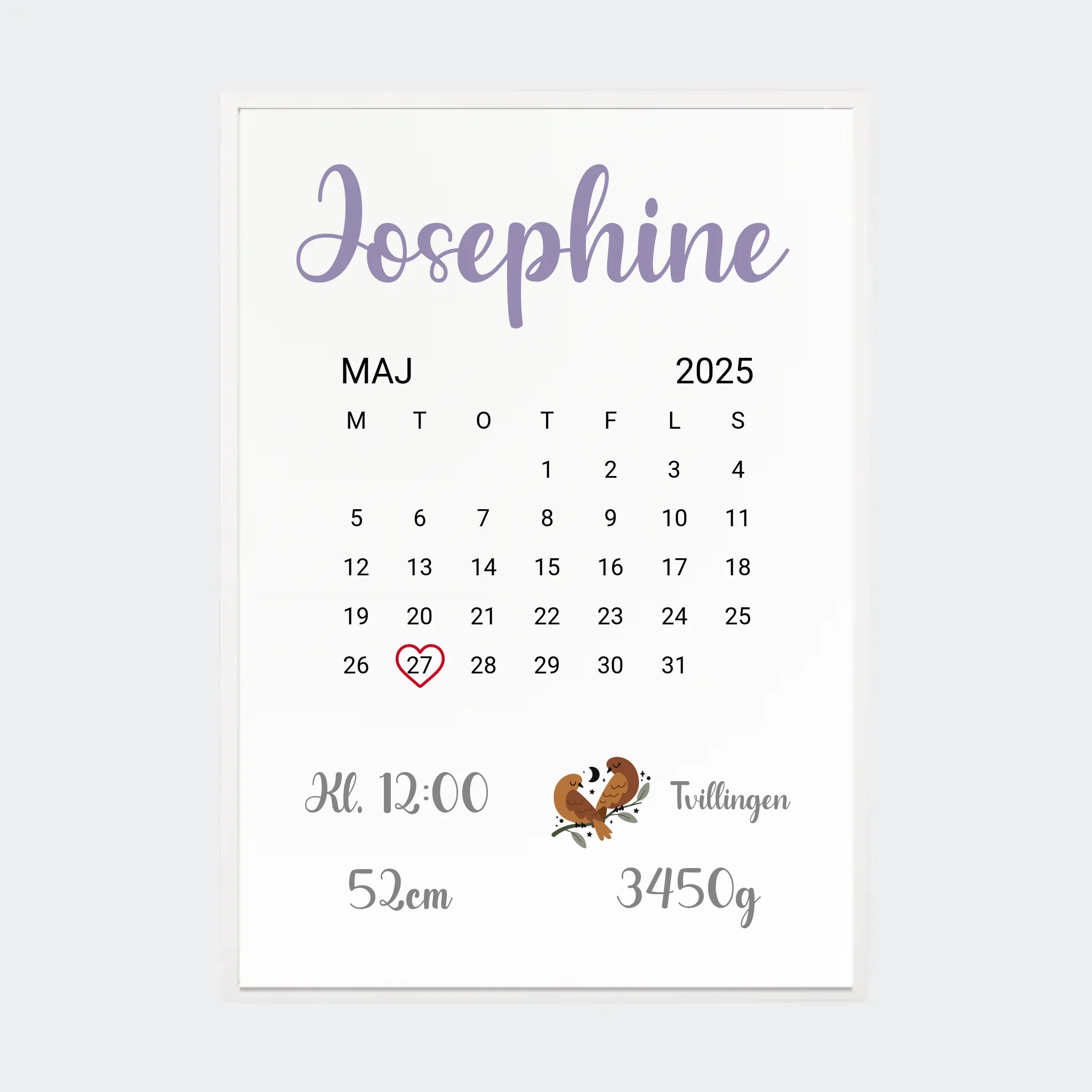 Fødselsplakat Med Kalender Og Stjernetegn A2 / Hvid / A2