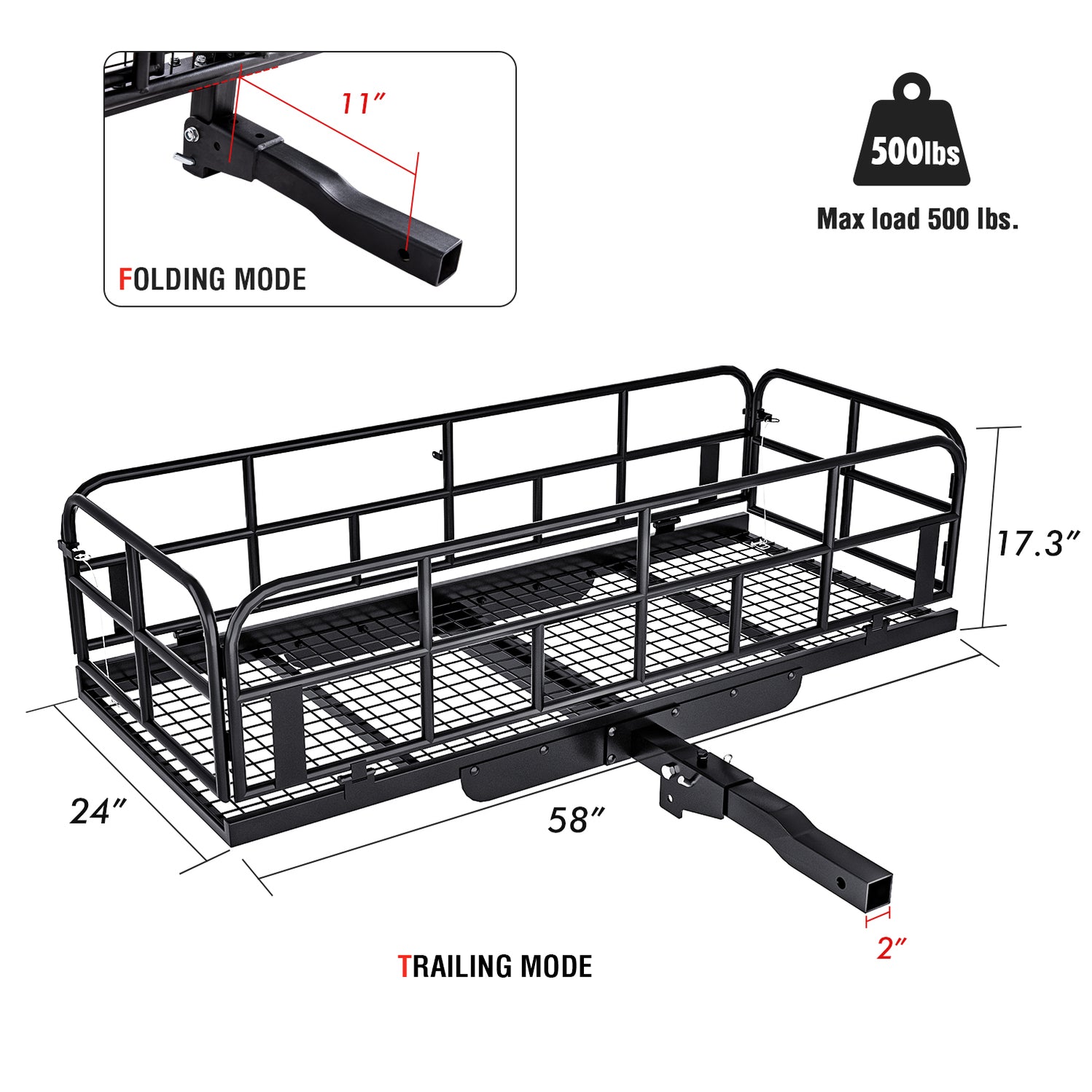 AA Products Hitch Mount Basket Foldable Storage Steel Cargo Carrier ...