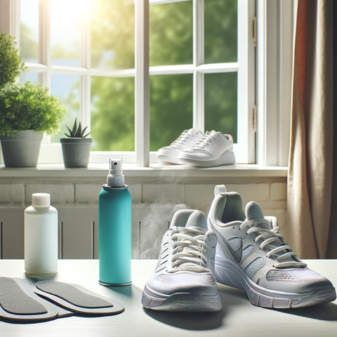 A fresh and organized home setting with a pair of athletic shoes placed near an open window, allowing them to air out.