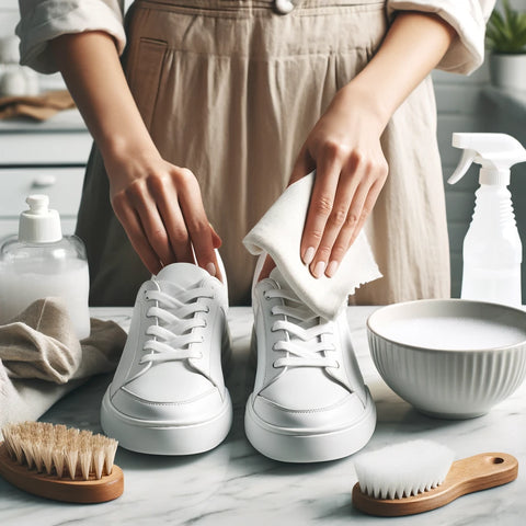 A clean and modern kitchen setting featuring a pair of stylish white synthetic material runners on a marble countertop. A woman's hands are shown cleaning the shoes.