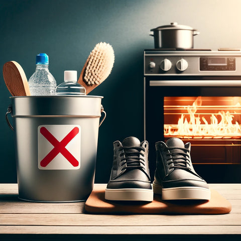 A cautionary image depicting a pair of shoes placed next to a bucket of water and an oven, with a clear 'X' sign over them, indicating what not to do