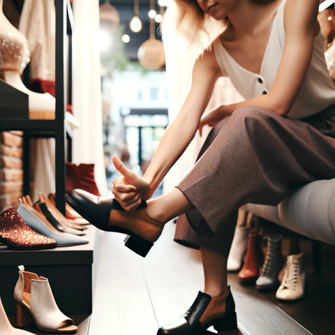 An image showcasing a woman checking the toe room in her shoe in a stylish shoe store.