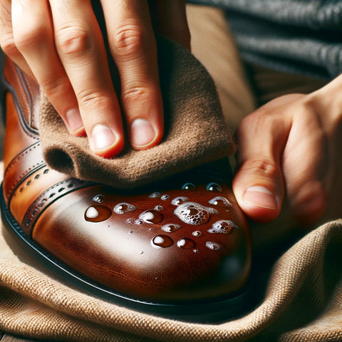 A close-up scene of someone gently cleaning a pair of brown leather shoes with a soft cloth. There are small bubbles visible on the surface of the leather.