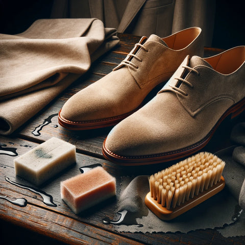 A sophisticated setup showing a pair of elegant beige suede shoes on a dark wooden table. Next to the shoes, there's a suede brush and a suede eraser