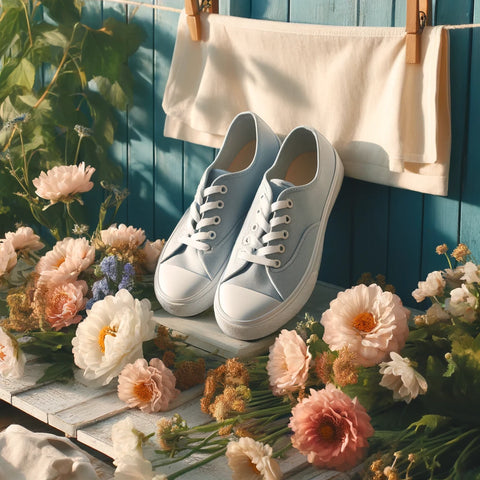 An inviting scene featuring a pair of light blue canvas shoes positioned on a white wooden rack outdoors, under the gentle sun. The shoes are surround by flowers.