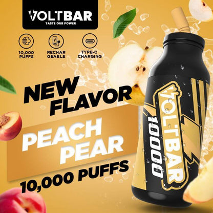 Voltbar 10000 Puffs Peach Pear flavor displayed on a brown-yellow gradient background