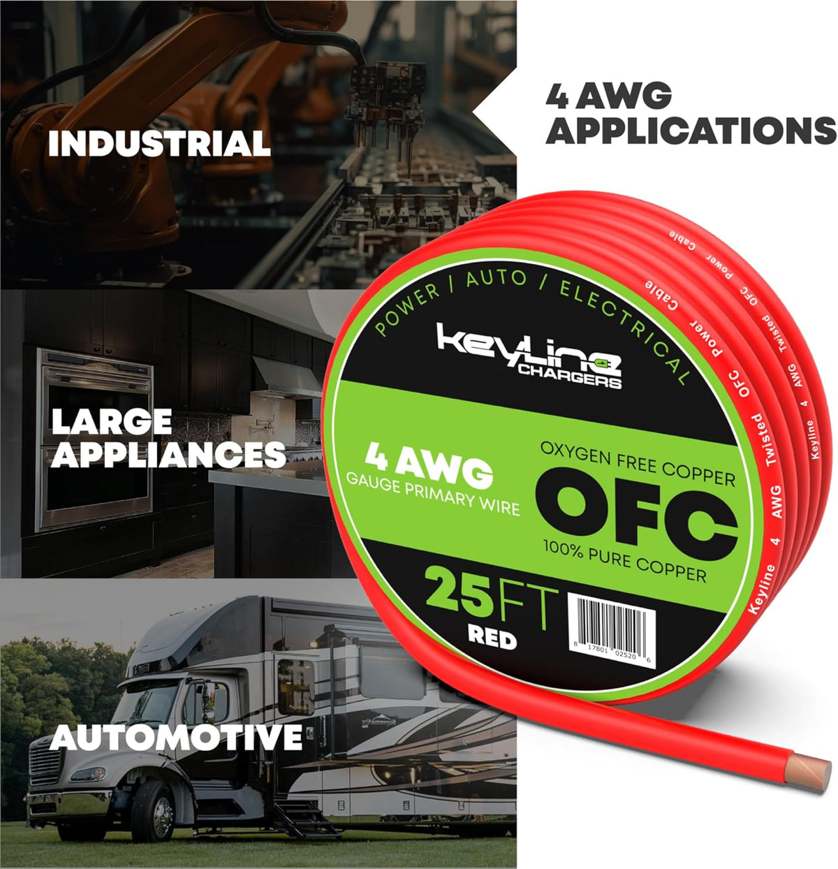 OFC 4 AWG Gauge Wire (25ft) Red | Oxygen Free Copper, Automotive Wire, Power/Ground, Battery Cable, True Spec Welding & Automotive, Car Audio Speaker, RV Trailer, Amp Wiring by Keyline Chargers