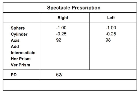 Spectacle prescription for prescription lead glasses