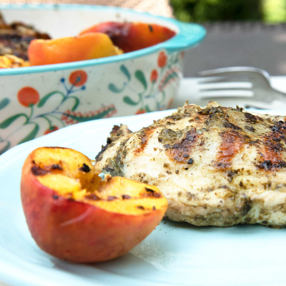 Pesto Grilled Chicken with Grilled Peaches or Nectarines