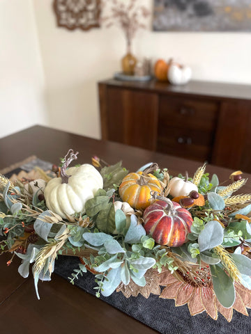 premium harvest centerpiece in dough bowl, elegant farmhouse fall arrangement