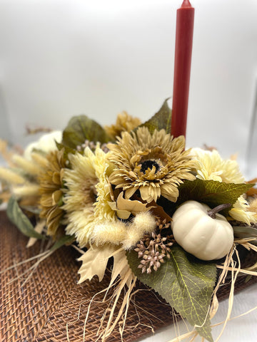 luxury fall table centerpiece, elegant autumn arrangement with candle