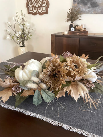 elegant fall centerpiece in neutral colors