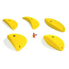 Five 'juggy' PU Basic Climbing holds in yellow. Some of the holds have a flatter edge whereas, some are more in-cut.