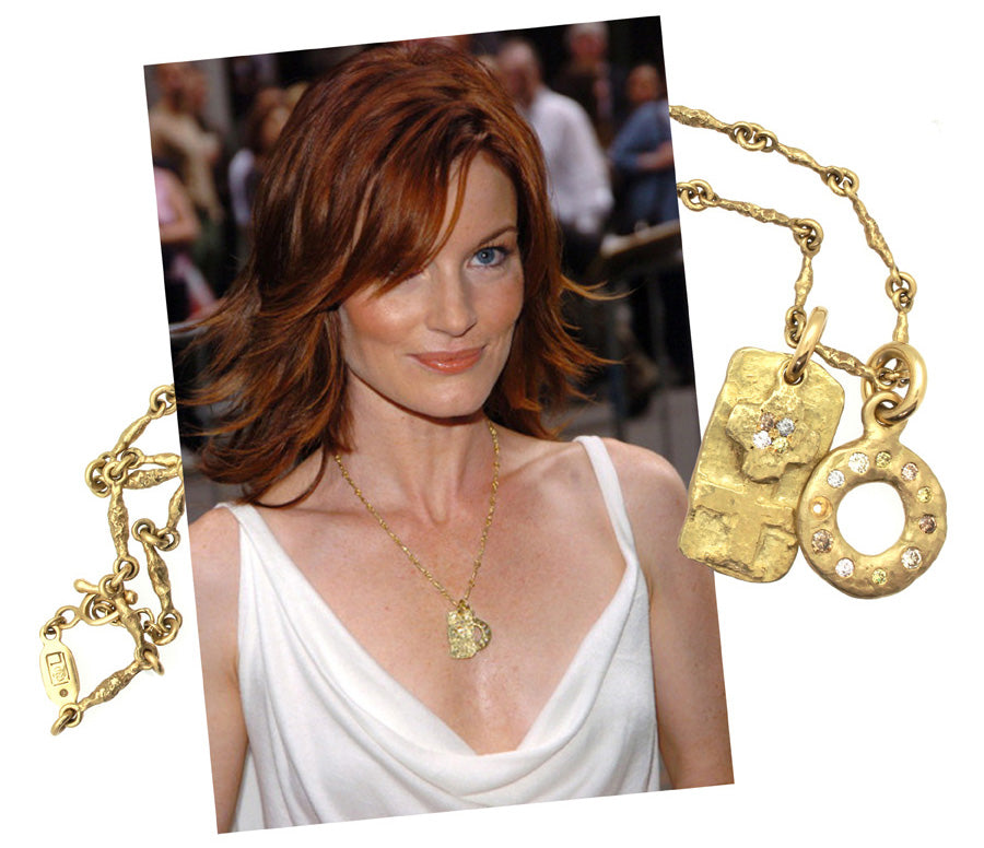 Laura Leighton wearing white and a Lee Brevard Layered Old Money Necklace in 18k Yellow Gold & Fancy Diamonds 