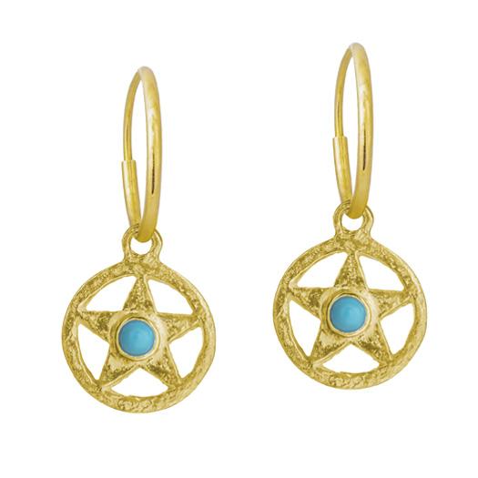 Turquoise Gold Hammered Star   Endless Hoop Charm Earring