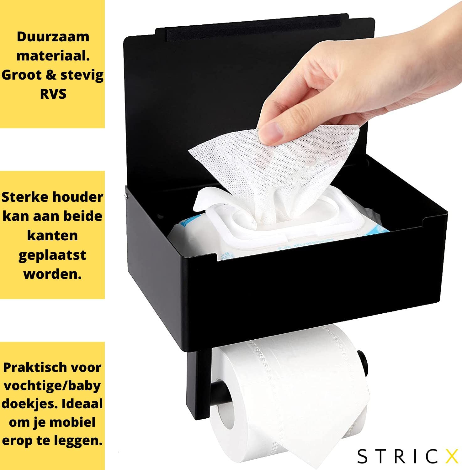 Zwarte Zelfklevende WC-rolhouder zonder Boren - Inclusief Opbergruimte voor Babydoekjes Handig Plankje voor – STRICX
