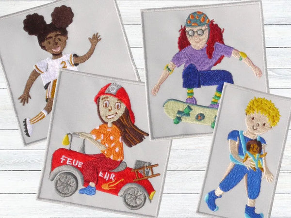 Vier pauakids Bügelbilder: Fußballerin, Skateboarderin, Puppenpapa, Feuerwehrfrau