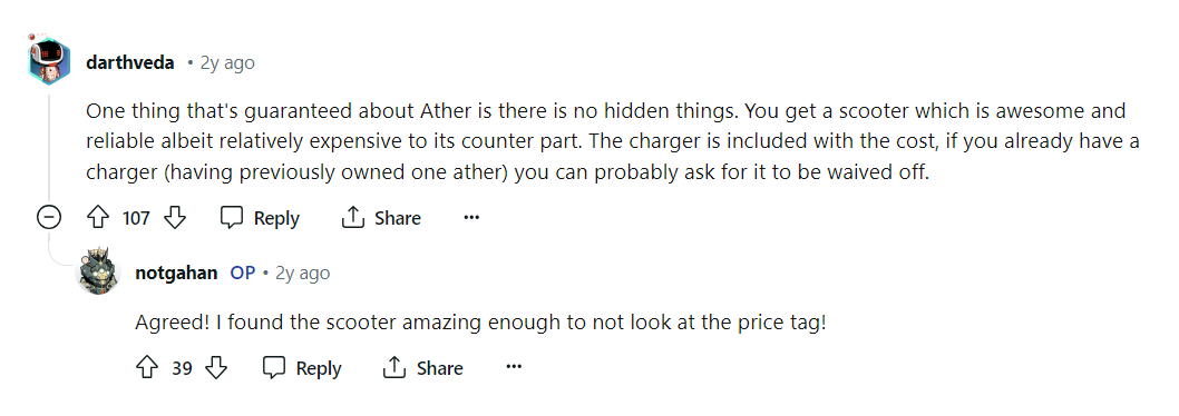 Customer Review on Ather from Reddit