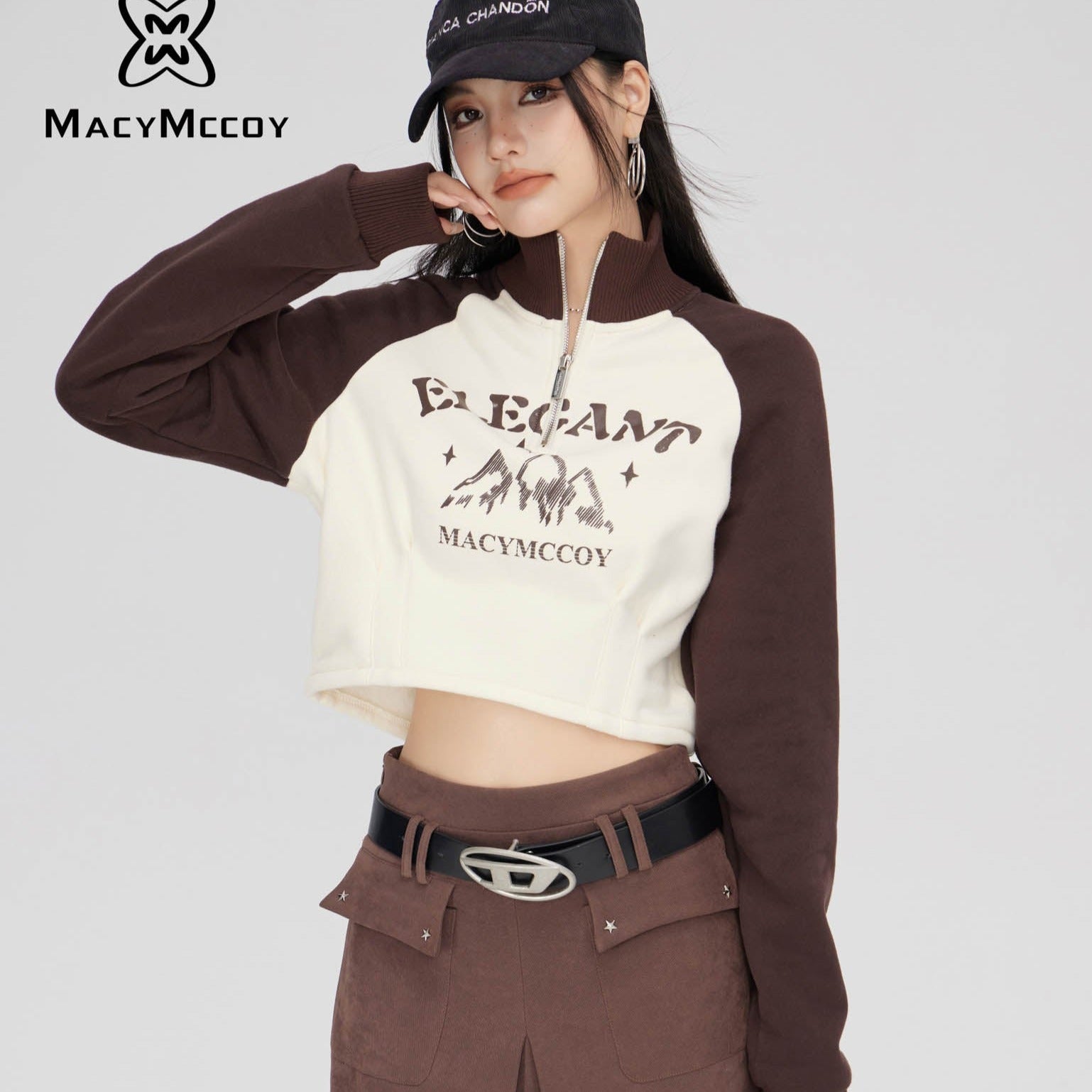 MacyMccoy SS2310 撞色加绒短款卫衣 咖