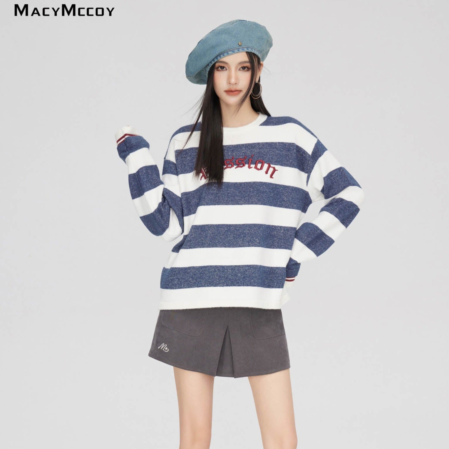 MacyMccoy SS2310 撞色条纹刺绣毛衣