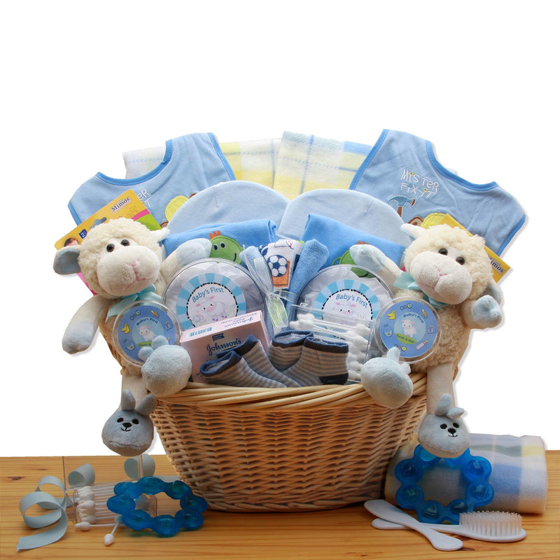 Double Delight  Twins New Baby Gift Basket - Blue - baby bath set -  baby boy gift basket - new baby gift basket - baby gift baskets - baby shower gifts