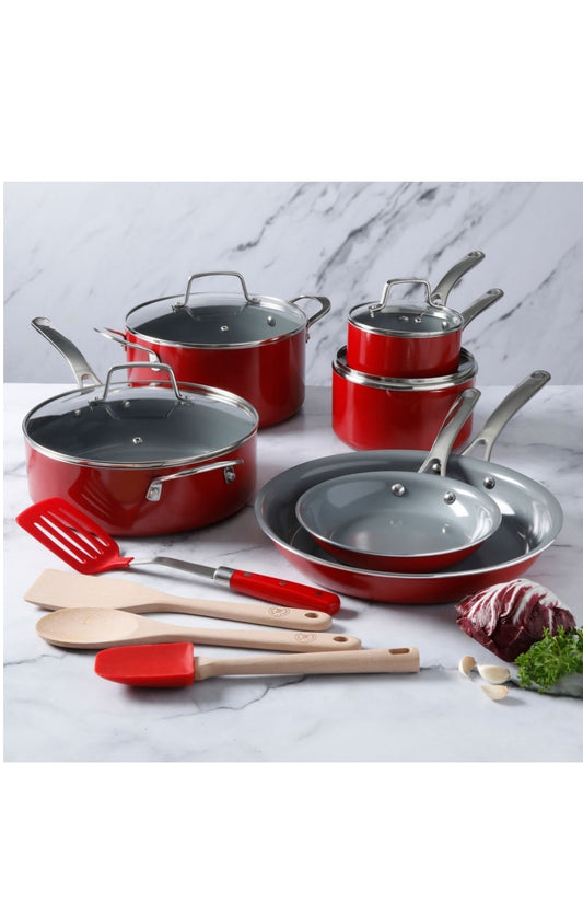 Martha Stewart 14-pc Non-Stick Aluminum Cookware Set by Martha Stewart in Red