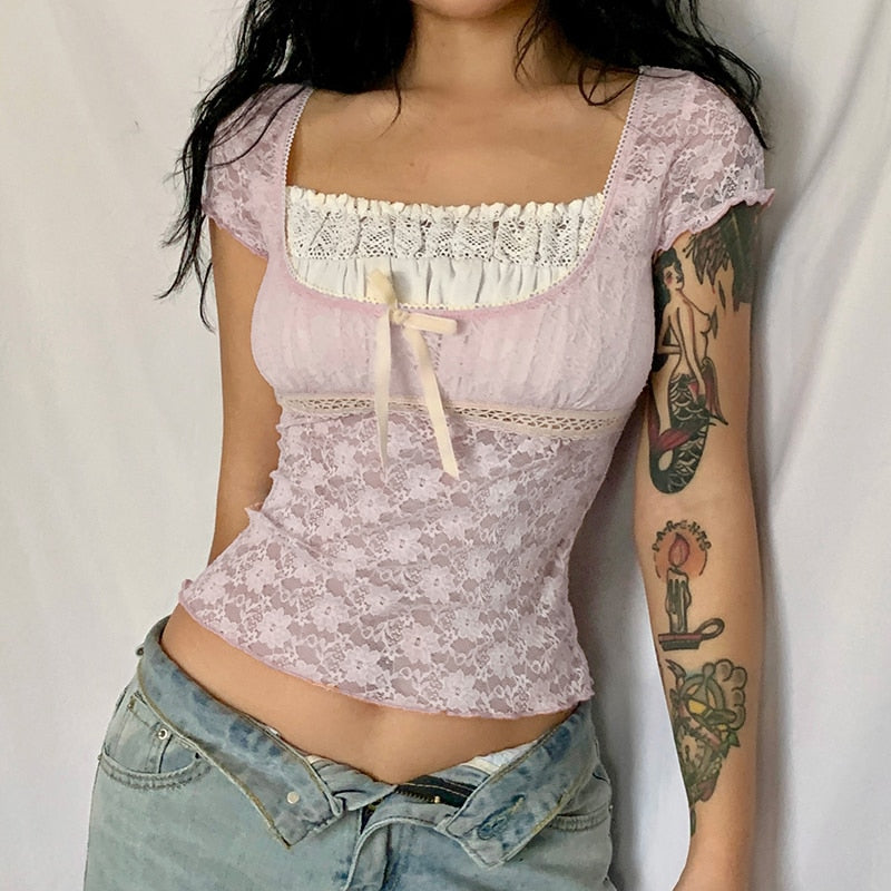 Pink Lace Short Sleeve Top