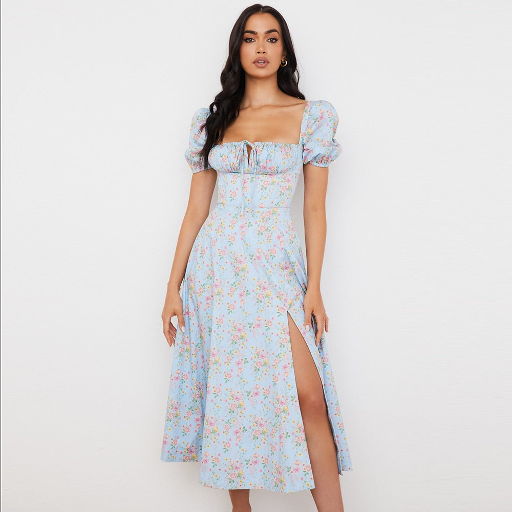 Floral Puff Sleeve Front Tie Midi Slit Dress