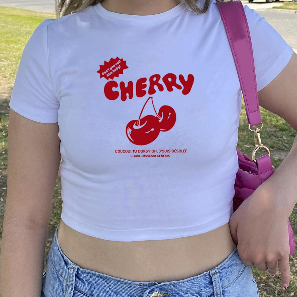 Cherry Red Letter Print White Tee