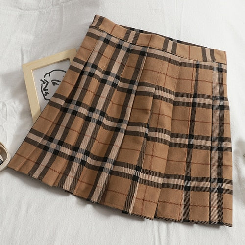 Brown Plaid Pleated Mini Skirt