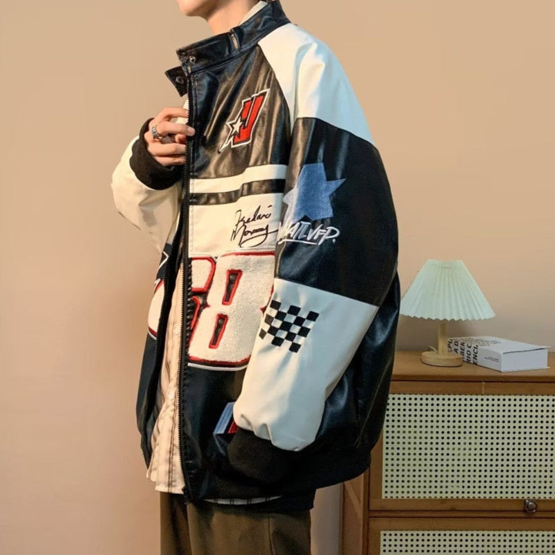 Faux Leather Racing Embroidered Bomber Jacket