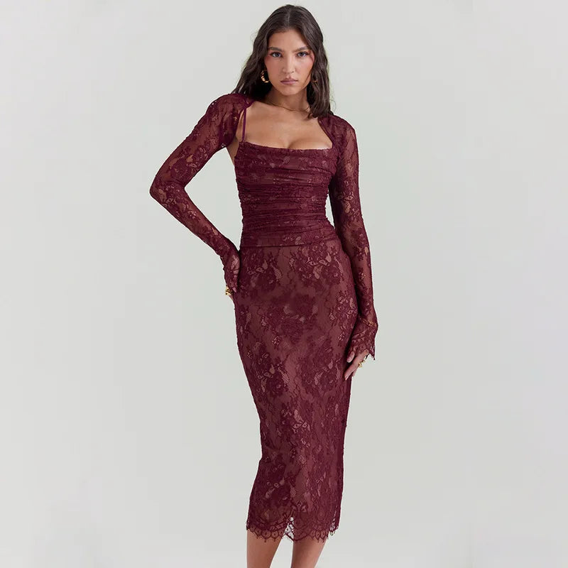 Red Lace Bodycon Long Sleeve Midi Dress