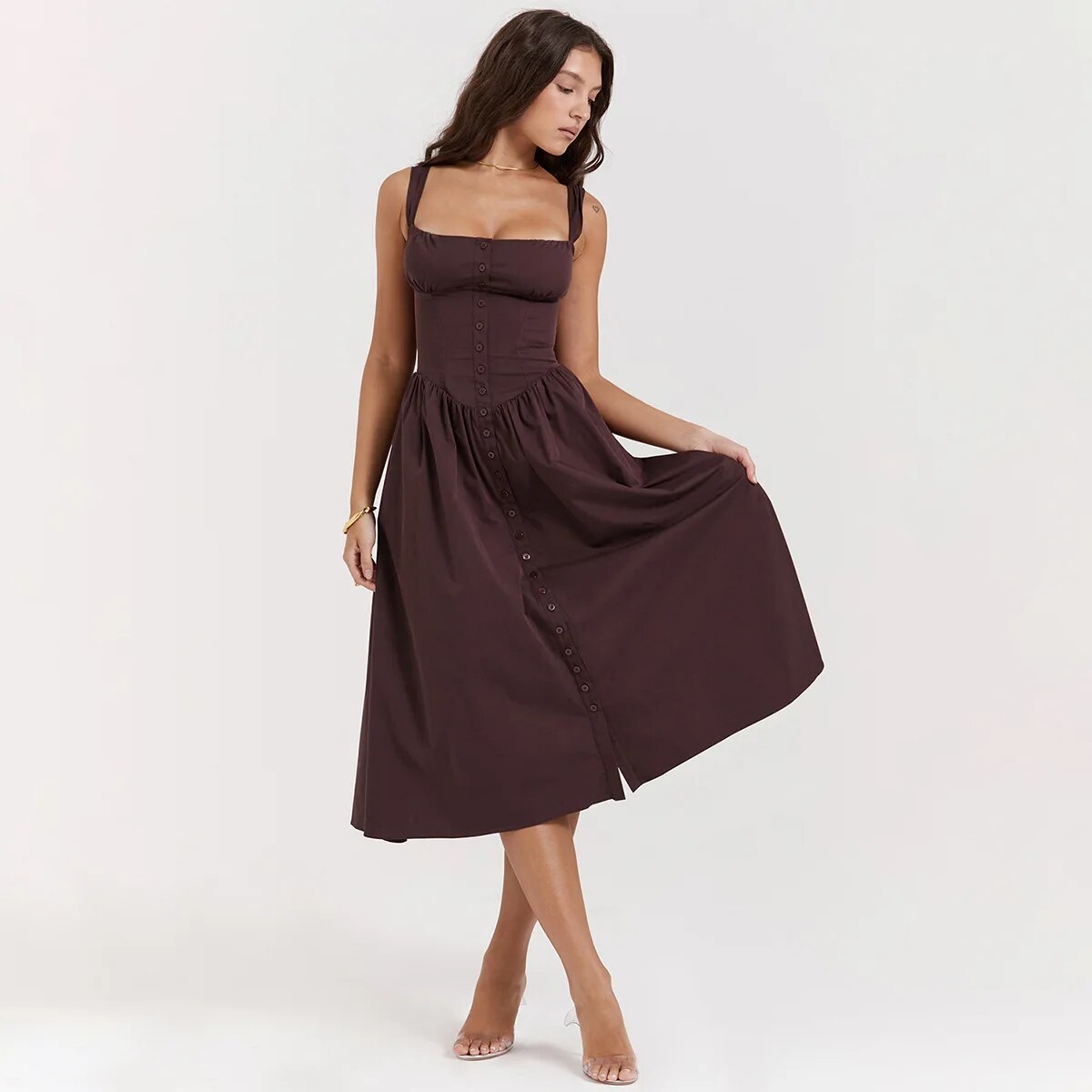 Brown Buttoned Strap Midi Dress