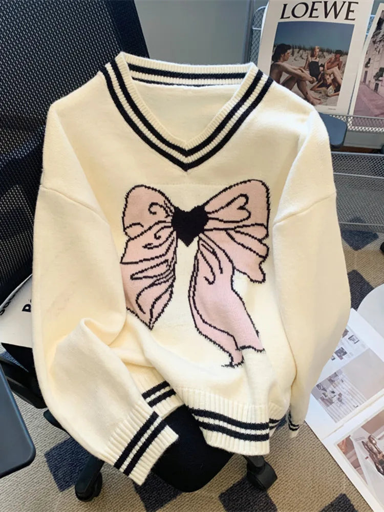 White Pink Bow Sweater