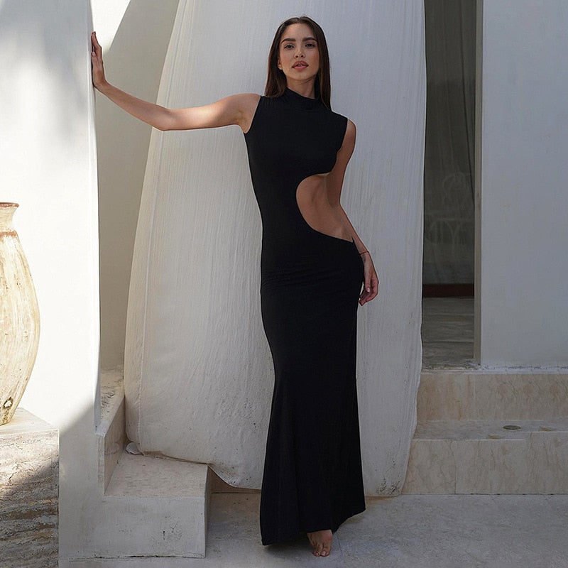 Black Mock Neck Tank Side Cut Out Maxi Dress