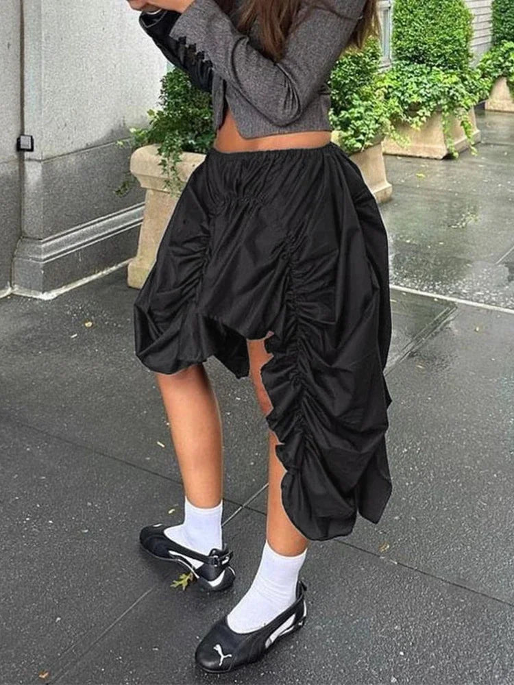 Black Asymmetrical Puff Ruched Midi Skirt