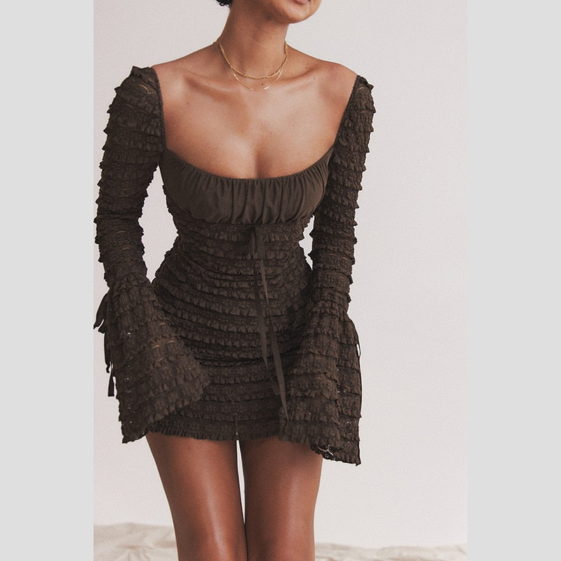 Brown Lace Layered Long Sleeve Mini Dress